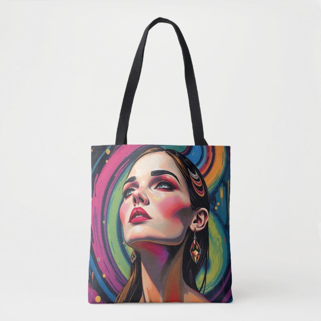 Vibrant Psychedelic Woman Porträtt Tote Bag Tygkasse (Framsida)