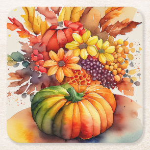 Vibrant Pumpkin Bouquet Guld Autumn Harvest Underlägg Papper Kvadrat