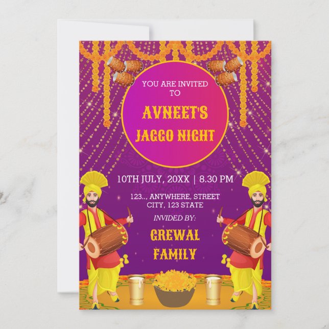 Vibrant Punjabi Jaggo Night Invitation Card Inbjudningar (Framsida)