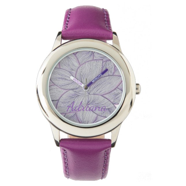 Vibrant Purple Flower Pattern Custom Name Watch Armbandsur (Framsida)