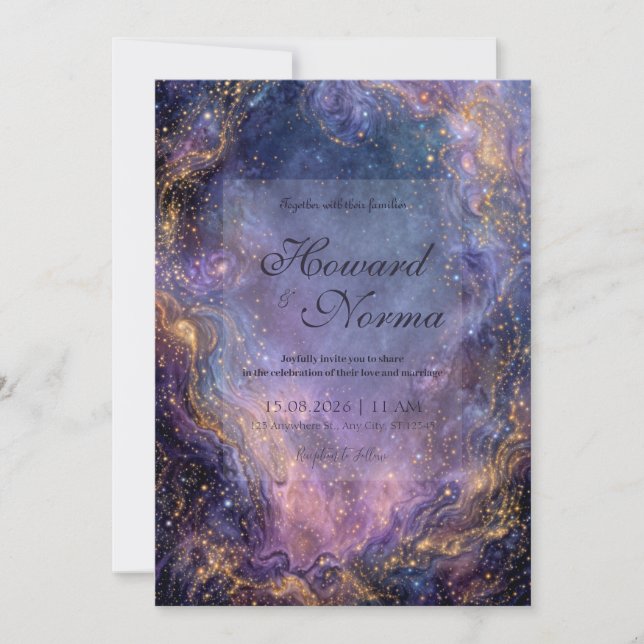 Vibrant Purple Gold Celestial Nebula Wedding Inbjudningar (Framsida)