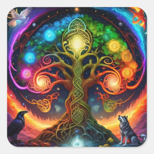 Vibrant Rainbow Celtic Träd med Varger och Raven Fyrkantigt Klistermärke