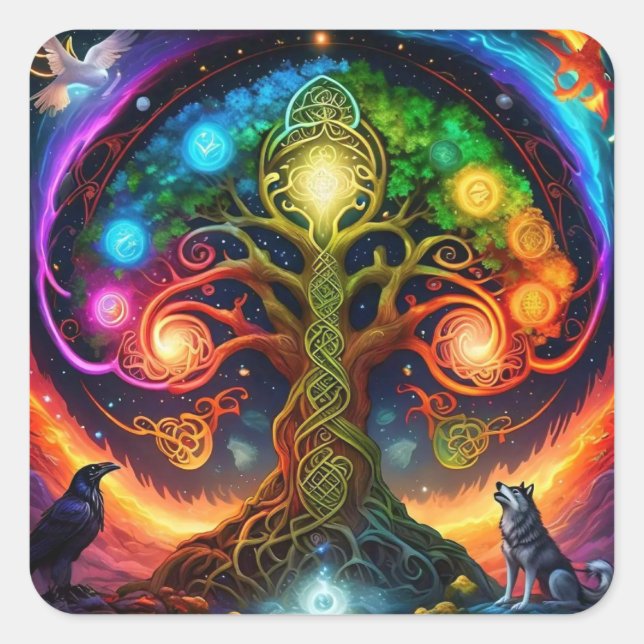 Vibrant Rainbow Celtic Träd med Varger och Raven Fyrkantigt Klistermärke (Framsida)