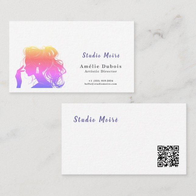 Vibrant Rainbow Hair Stylist Studio Moire QR Code Visitkort (Fram/baksida)
