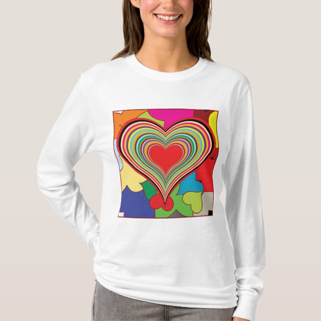 Vibrant Rainbow Layered Heart Abstract T Shirt (Framsida)