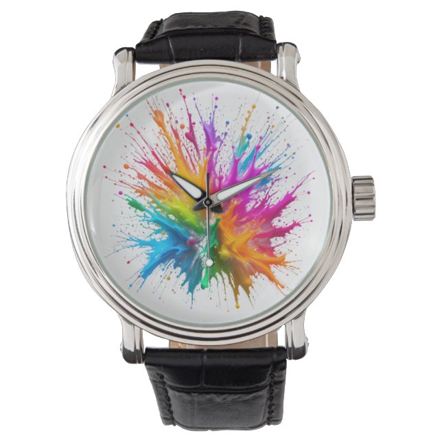 Vibrant Rainbow Paint Splatter Explosion Armbandsur (Framsida)