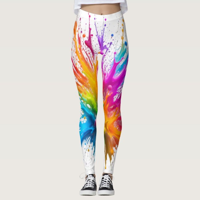 Vibrant Rainbow Paint Splatter Explosion Leggings (Framsida)