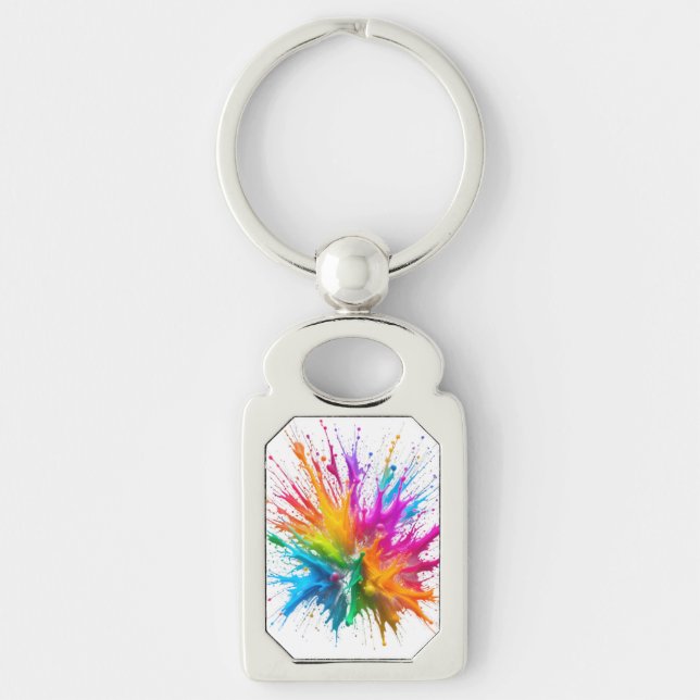 Vibrant Rainbow Paint Splatter Explosion Rektangulärt Silverfärgad Nyckelring (Framsidan)