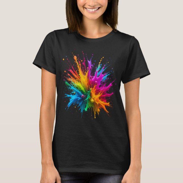 Vibrant Rainbow Paint Splatter Explosion T Shirt (Framsida)