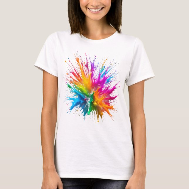Vibrant Rainbow Paint Splatter Explosion T Shirt (Framsida)