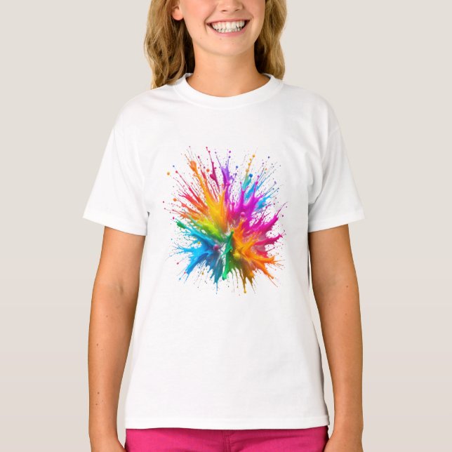 Vibrant Rainbow Paint Splatter Explosion T Shirt (Framsida)