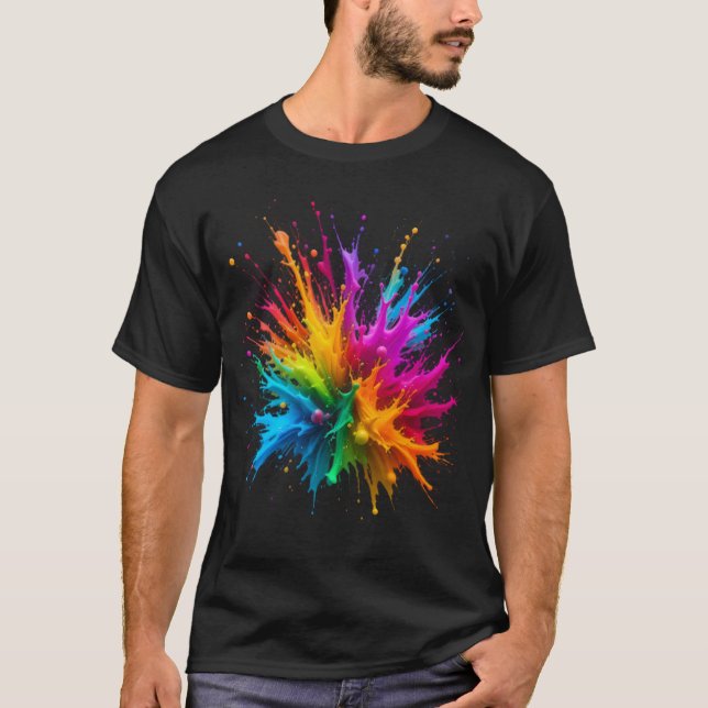 Vibrant Rainbow Paint Splatter Explosion T Shirt (Framsida)