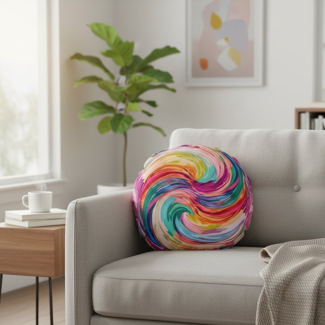 Vibrant Rainbow Swirl Abstract Rund Kudde (Skapare uppladdad)