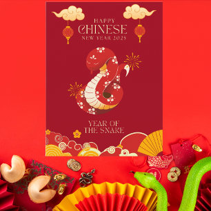 Vibrant Red and Guld Chinese New Year 2025 Snake Vykort