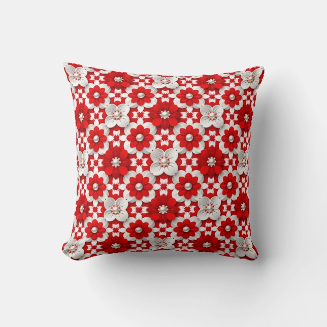 Vibrant Red And White Floral Pattern With Pearl Kudde (Framsida)