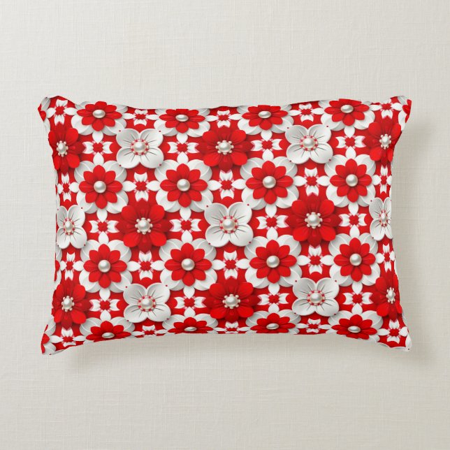 Vibrant Red And White Floral Pattern With Pearl Prydnadskudde (Framsidan)