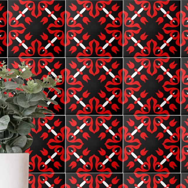 Vibrant Red Black och White Japanska Mönster Kakelplatta (Skapare uppladdad)