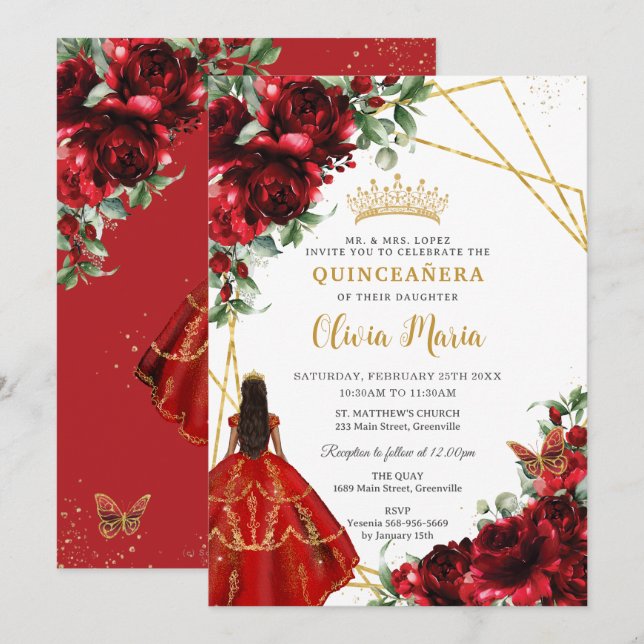 Vibrant Red Blommigt Flowers Princess Quinceañera Inbjudningar (Fram/baksida)