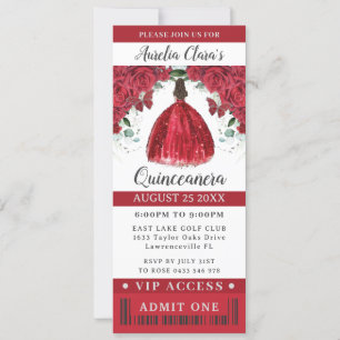 Vibrant Red Blommigt Quinceañera Sweet 16 VIP Bilj Inbjudningar