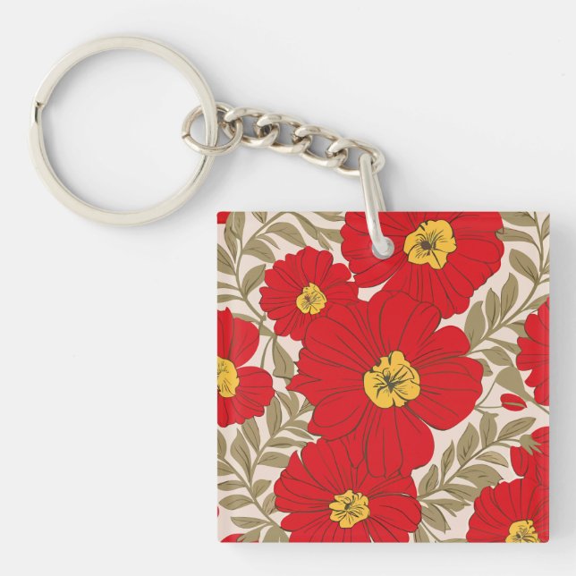 Vibrant Red-Blommönster med Oliv grönt Löv (Framsidan)