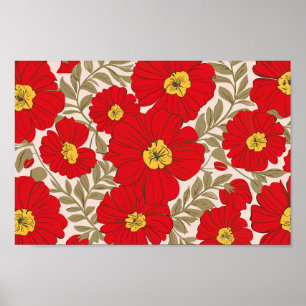 Vibrant Red-Blommönster med Oliv grönt Löv Poster