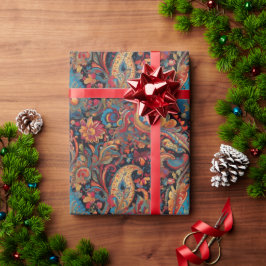 Vibrant Red Blue Paisley Mönster Wrapping Papper Presentpapper