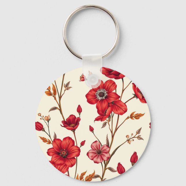 Vibrant Red Botanical Illustration Nyckelring (Framsida)
