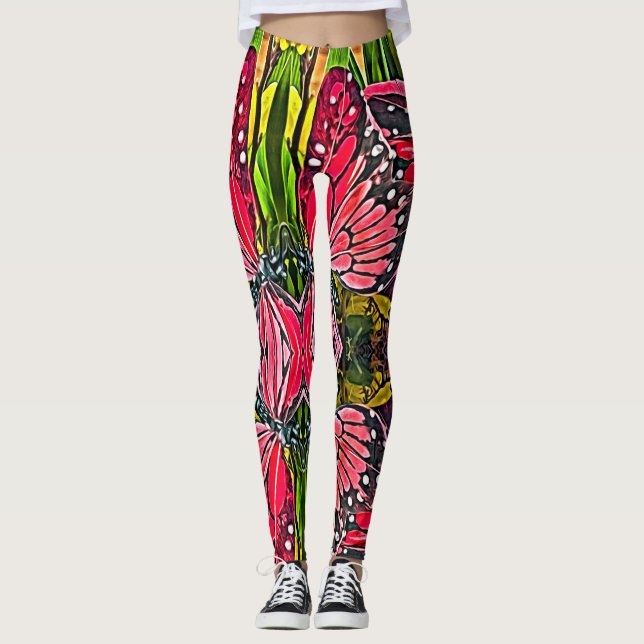 Vibrant Red Butterflies Leggings (Framsida)