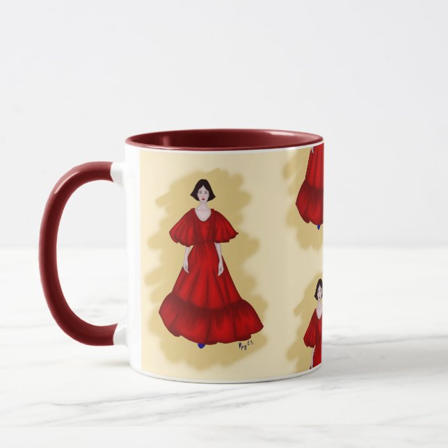 Vibrant Red Dress with Sculptural Movement Style Mugg (Vänster)