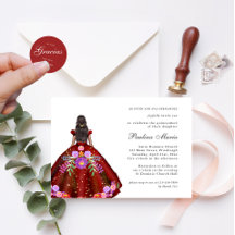 Vibrant Red Fiesta Blommigt Quinceañera-inbjudan