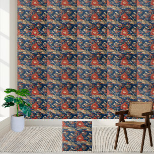 Vibrant Red Flowers och Blue Chinoiserie Ligcape Kakelplatta
