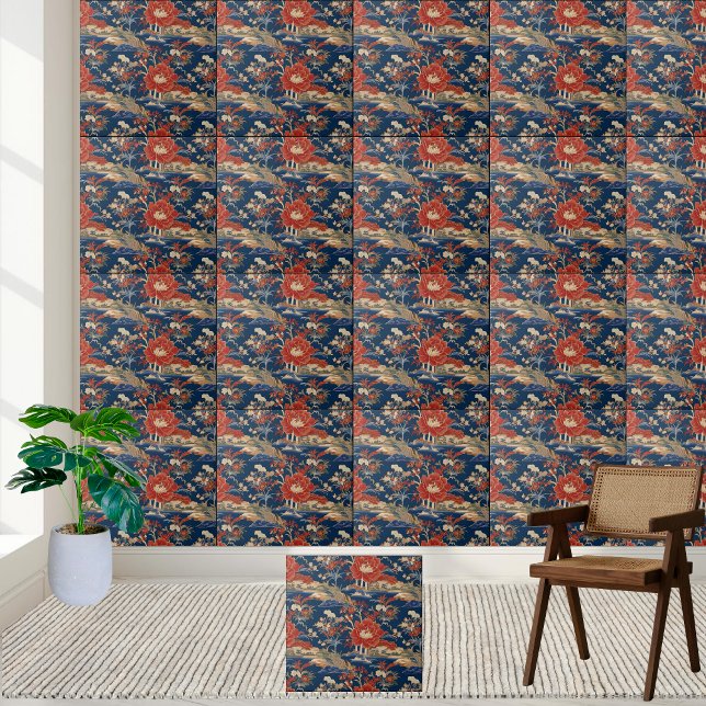 Vibrant Red Flowers och Blue Chinoiserie Ligcape Kakelplatta (Vibrant Red Flowers and Blue Chinoiserie Landscape Ceramic Tile)