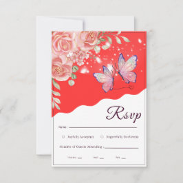 Vibrant Red Gold Rose Butterfly Bröllop RSVP-kort OSA Kort