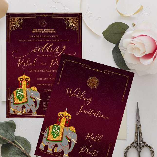 Vibrant Red Guld med Lord Ganesh Indian Bröllop Inbjudan (Vibrant Red Gold With Lord Ganesh Indian Wedding Invitation)