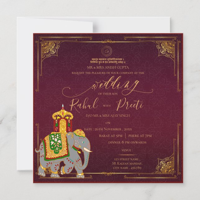 Vibrant Red Guld med Lord Ganesh Indian Bröllop Magnetisk Inbjudningskort (Framsida)