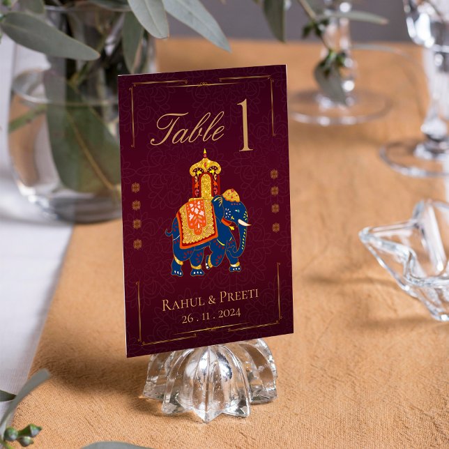 Vibrant Red Guld Traditional Indian Bröllopsfest Bordsnummer (Vibrant Red Gold Traditional Indian Wedding Party Table Number)