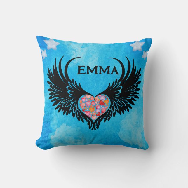 vibrant Red heart angel black wings Kudde (Framsida)