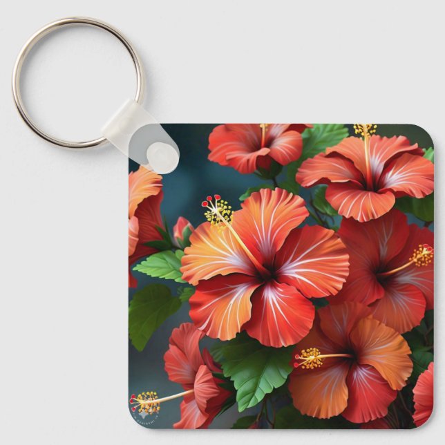 Vibrant Red Hibiscus Flowers-76894 Nyckelring (Framsida)