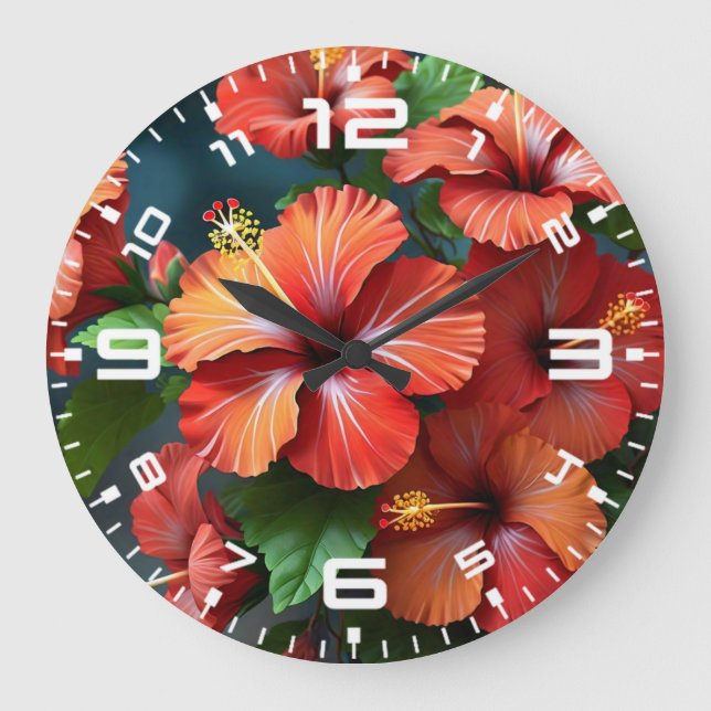 Vibrant Red Hibiscus Flowers-76894 Stor Klocka (Framsida)