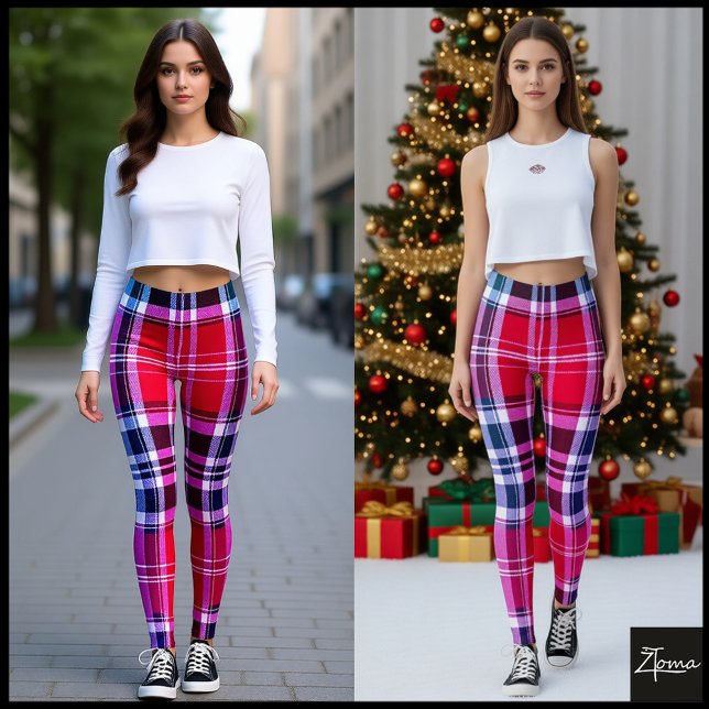Vibrant Red Pink Aqua Modern Plaid Leggings (Skapare uppladdad)