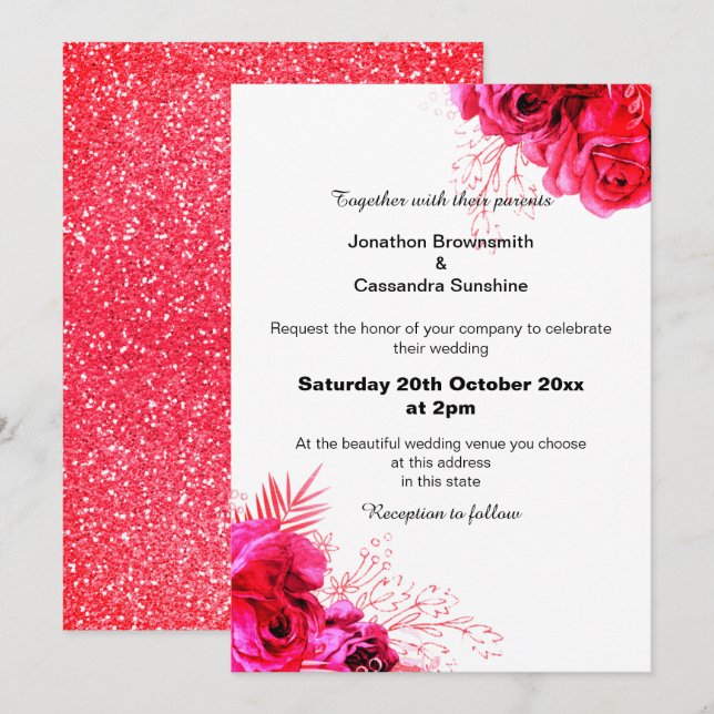 VIBRANT RED ROSA GLITTER BLOMMIGT BOUQUET BRÖLLOP INBJUDNINGAR (Fram/baksida)