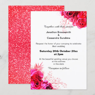 VIBRANT RED ROSA GLITTER BLOMMIGT BOUQUET BRÖLLOP INBJUDNINGAR