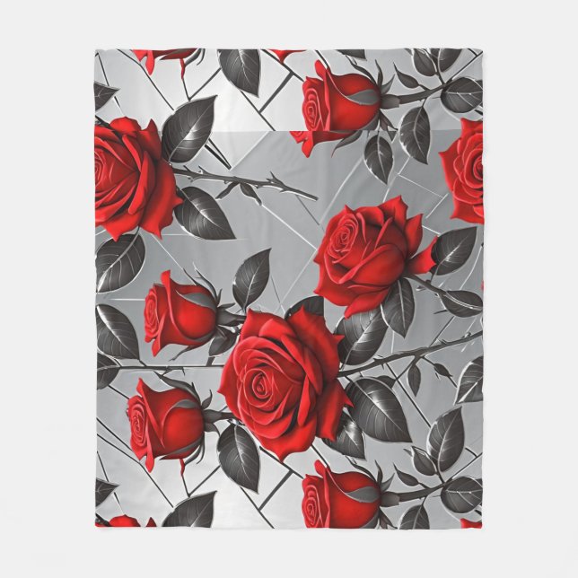 Vibrant Red Roses On A Metallic Silver Background  Fleecefilt (Framsidan)