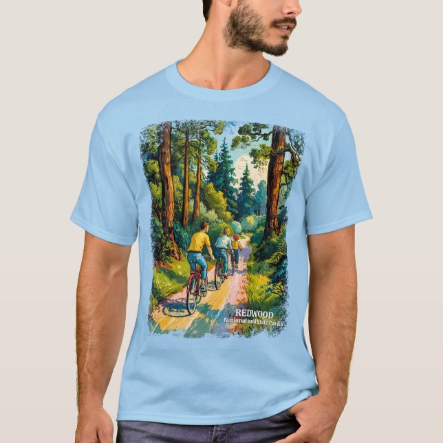 Vibrant Redwood Forest Family Bike Ride Custom T Shirt (Framsida)