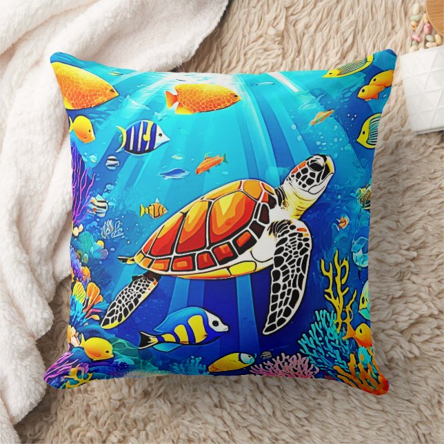 Vibrant Reef: Turtle's Underwater Realm Kudde (Filt)