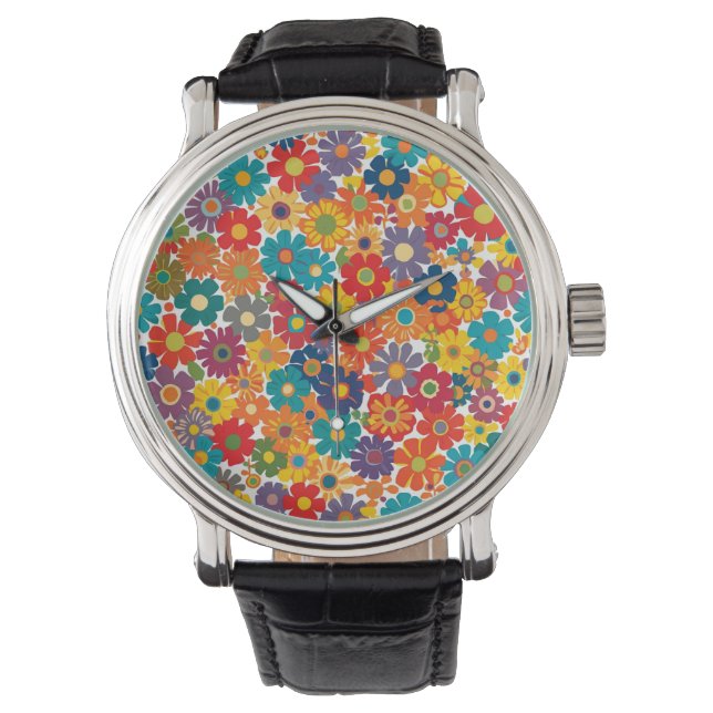 Vibrant Retro 60s Daisy Flower Power Pattern Armbandsur (Framsida)