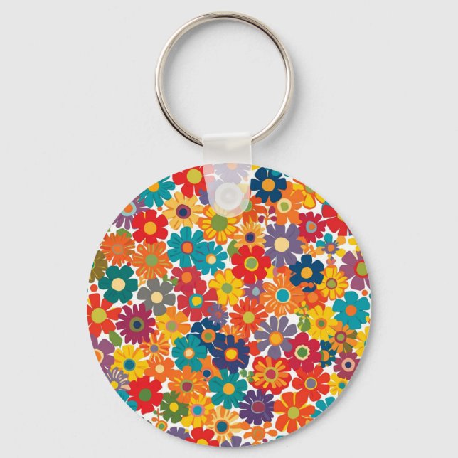 Vibrant Retro 60s Daisy Flower Power Pattern Nyckelring (Framsida)
