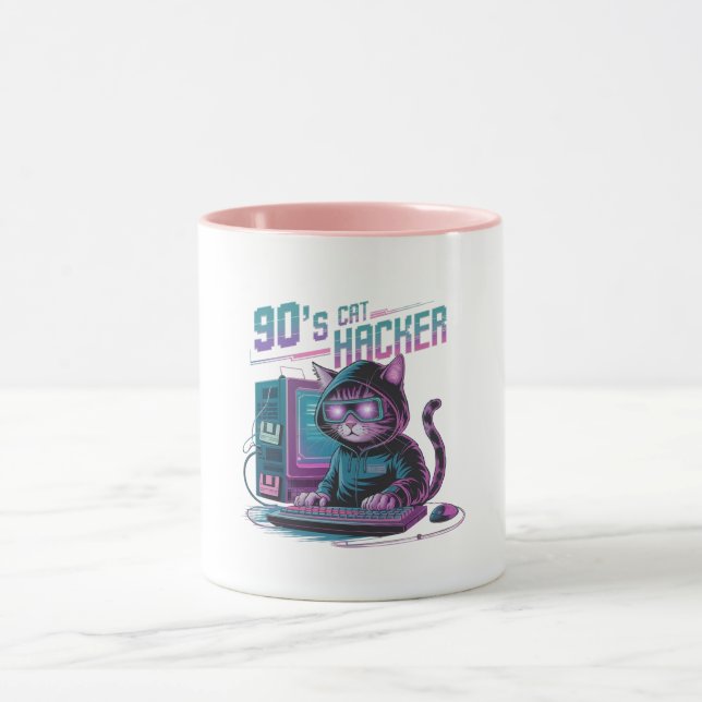 Vibrant Retro 90s Cat Hacker Mug Mugg (Center)