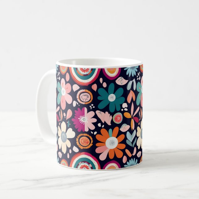 Vibrant Retro-Blommigt och Geometric Mönster Kaffemugg (Framsida vänster)