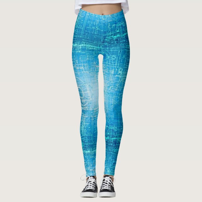 Vibrant Retro Blueprint Leggings (Framsida)